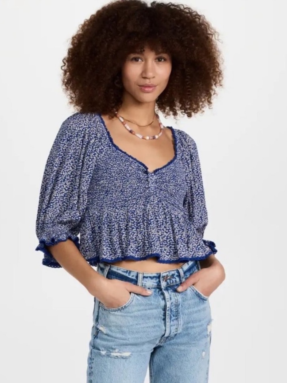 Free People Blue Floral Peplum Crop Top - Brittnee Print